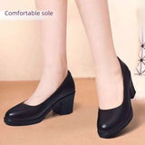 Women's Four Seasons Flat Shoes Thick Heel Round Middle Low Top Black Leather Work Shoes Comfortable For Commuting