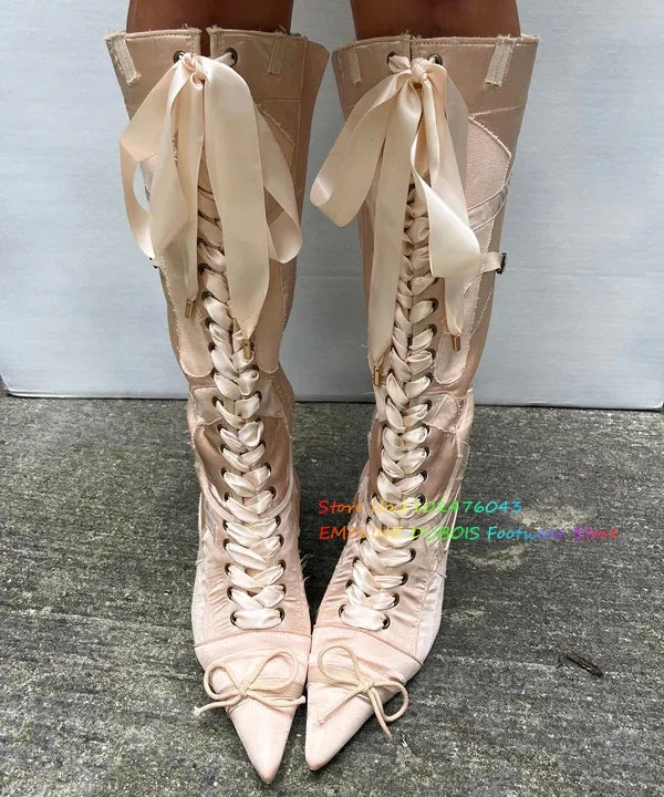 Nude and Pink Stain Knee High Boot Women Pointy Toe Eyelet Ribbon Decorative Laces Up Side Zipper Low Heel Girl Ballet Shoes