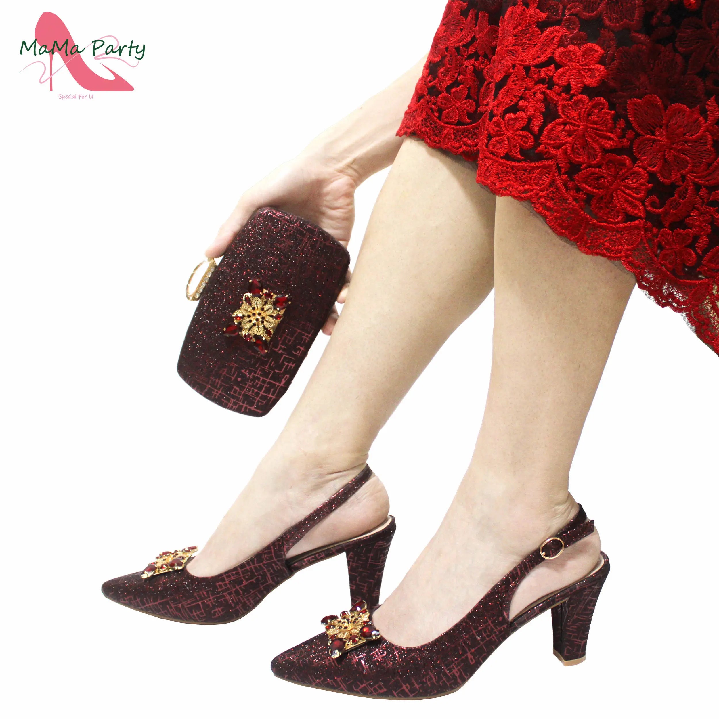 Fuchsia Color Italian Classics Design African Women Shoes and Bag Set High Quality with Shinning Crystal for Wedding Party