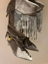 2025 Women's Autumn/Winter New Pointed Wrinkled Fine Heel Tassel Short Boots, Women's Knight Boots, Size 34-44 Medium Boots