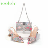 2024 Italian Design Girly Style Coffee Color Pointed Toe Wedding Shoes And Bag Full Diamond Decoration Metal Closure Bag