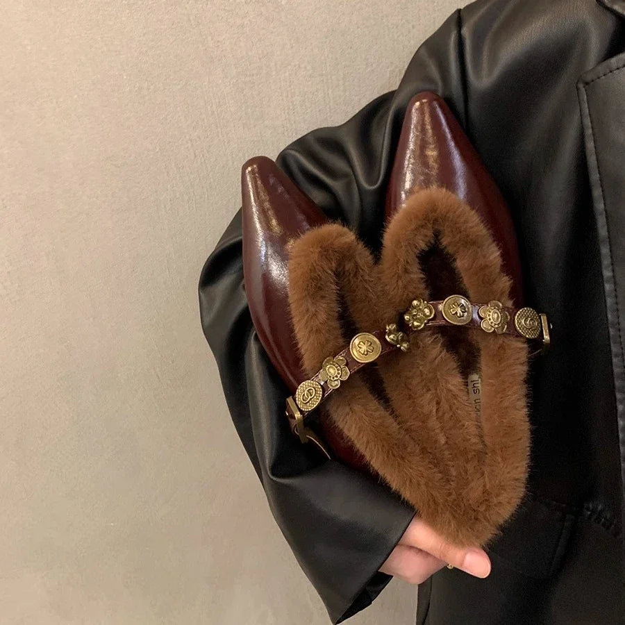 Fur Pointed Toe Women Sexy Chelsea Boots Elegant Ankle Flats Warm Winter Shoes 2024 New Designer Style Fashion Female Footwear