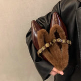 Fur Pointed Toe Women Sexy Chelsea Boots Elegant Ankle Flats Warm Winter Shoes 2024 New Designer Style Fashion Female Footwear