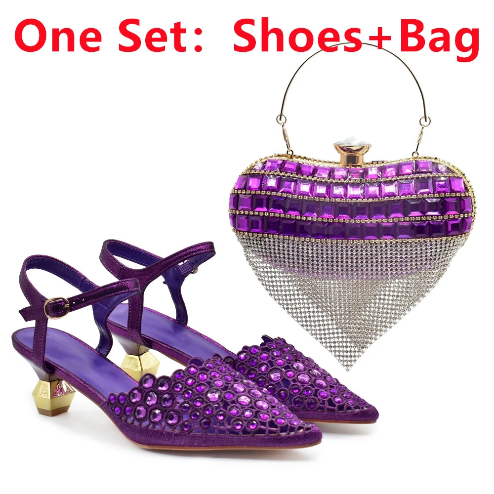 Italian Shoes and Bags Matching Set 2024 Rhinestones African Peep Toe Women High Heel Evening Party Pumps Wedding Shoes Bride