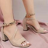 Women Beaded Sandals High Heels Chunky Shoes Fashion Ankle Buckle Shoes Summer New Brand 2024 Walking Elegant Zapatos Mujer