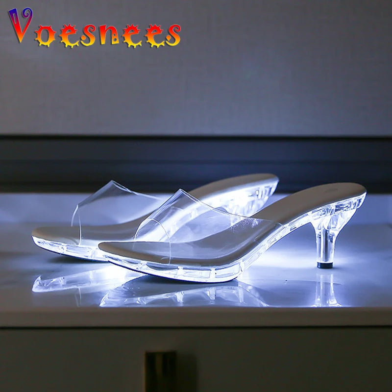6CM Women's Kitten Heels LED Light Sandals Nightclub Slim Heel Transparent Crystal Car Model Shining High Clear Beach Slippers
