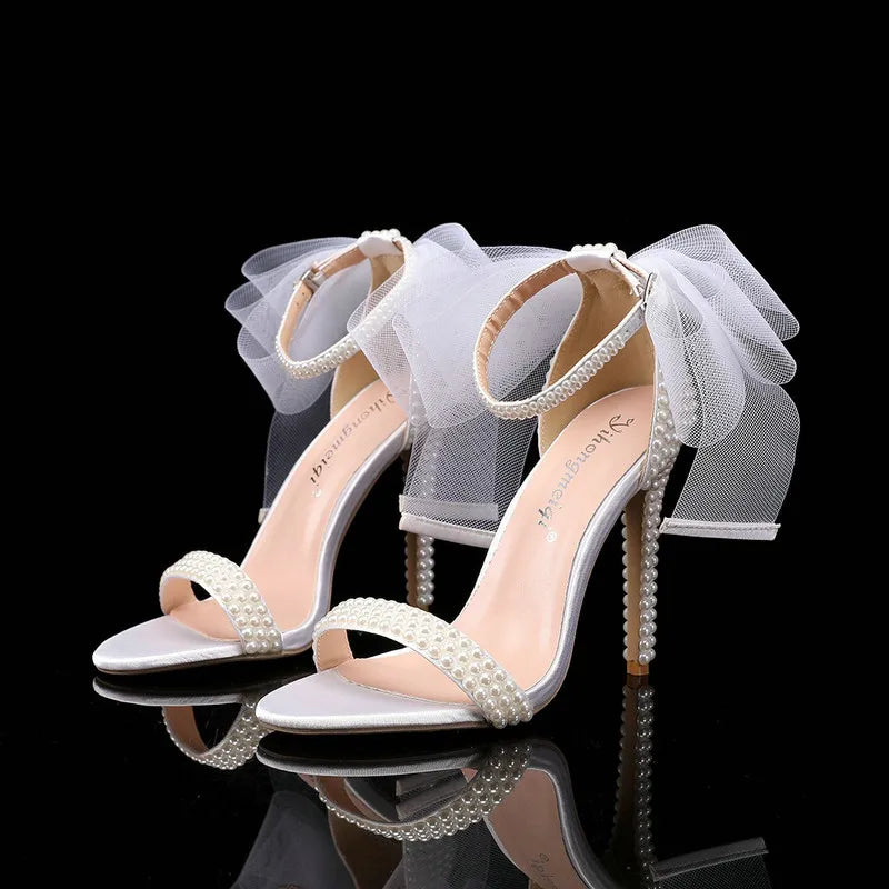 2025 New Fish Mouth High Heels Shallow Mouth Rhinestone Pearl Sandals Women's Wedding Bride Shoe