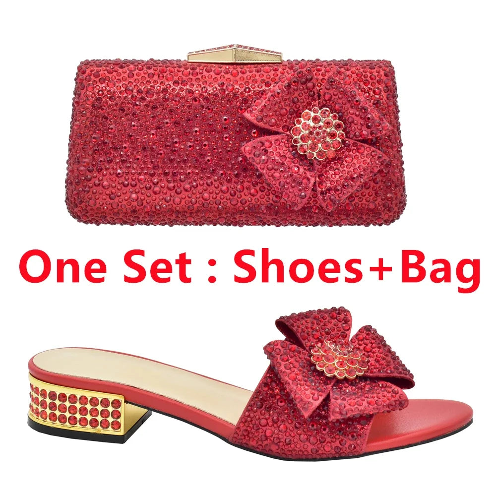 Italian Shoes and Bags Matching Set Decorated with Rhinestone Shoes for Women 2024 Designer Luxury Low Heels Slip On Party Pumps