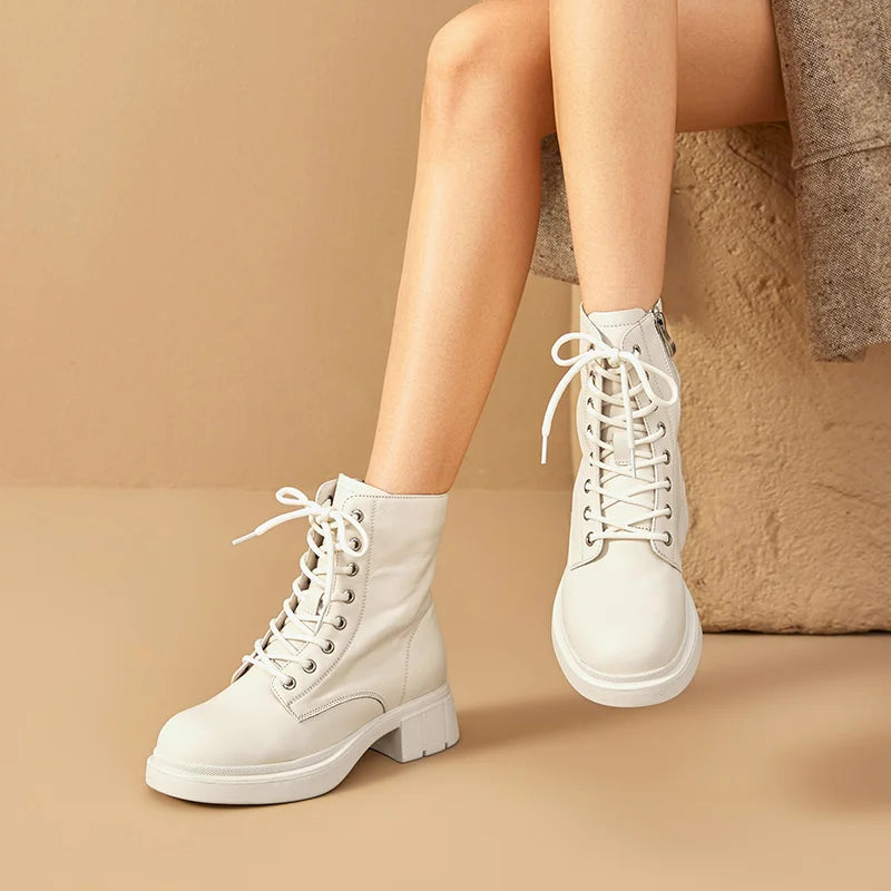 BeauToday Ankle Boots Women Platform Leather Round Toe Side Zipper Lace-Up Ladies Non-slip Thoes Handmade 04492