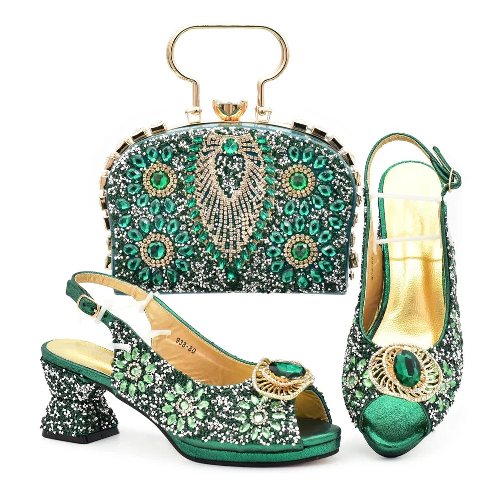 Italian Shoes and Bags Matching Set with Rhinestone Nigerian Women Shoes and Bag Set with Appliques Full Crystal for Dress