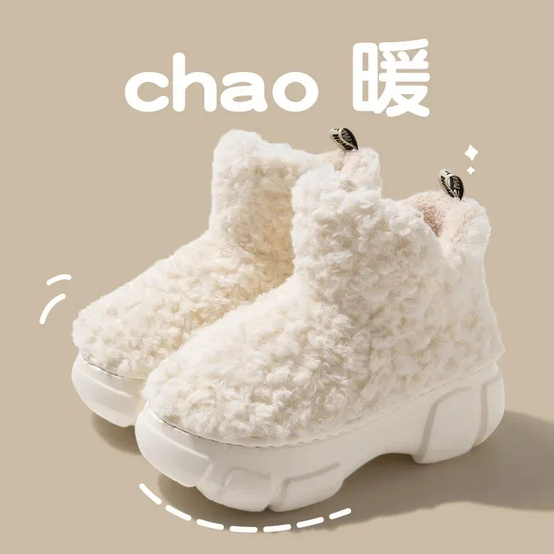 Thickened Plush Fur Warmth Household Snow Boots Cotton Women Slippers Home Boots Simple Solid Color Winter Fluffy Platform Shoes