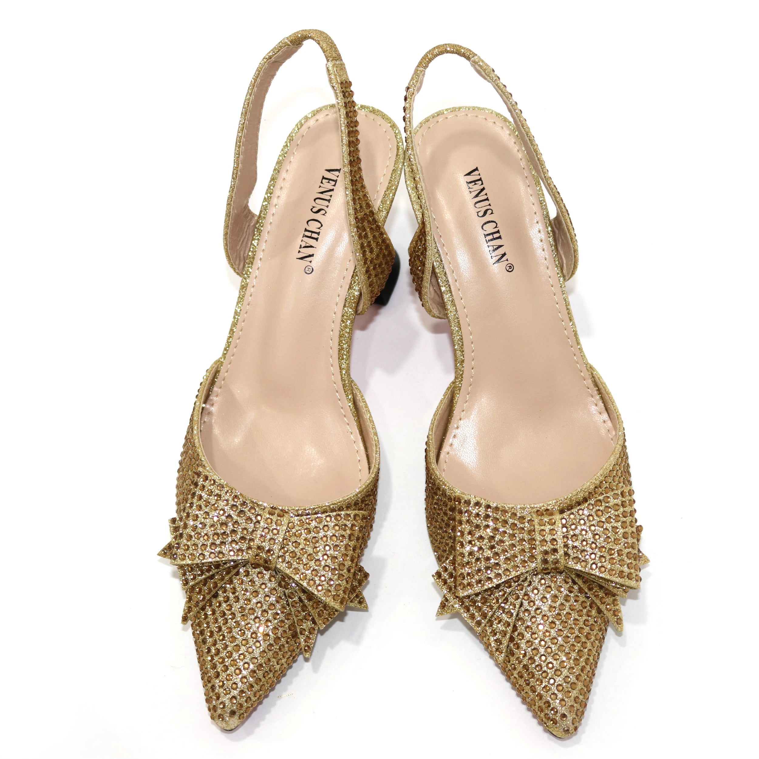 Venus Chan Bridal High Heels for Women 2023 Pointed Toe With Bows Gold Color Rhinestone  Elegant Party Wedding Shoe and Bag Set