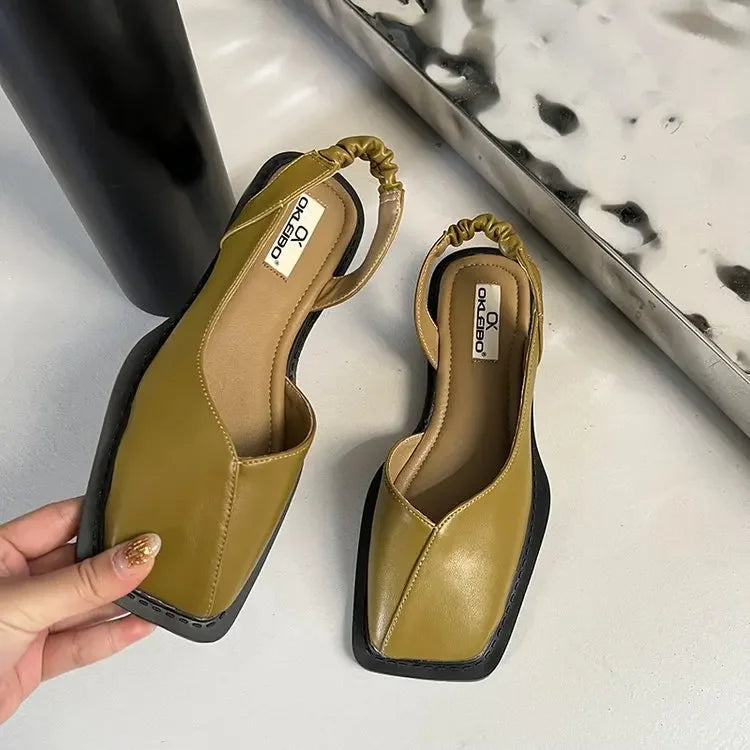 2023 Summer Elegant Ladies Sandals Fashion Ladies Elastic Band Flat Heel Women Shallow Party Shoes Square Heel 35-40 Square Toe