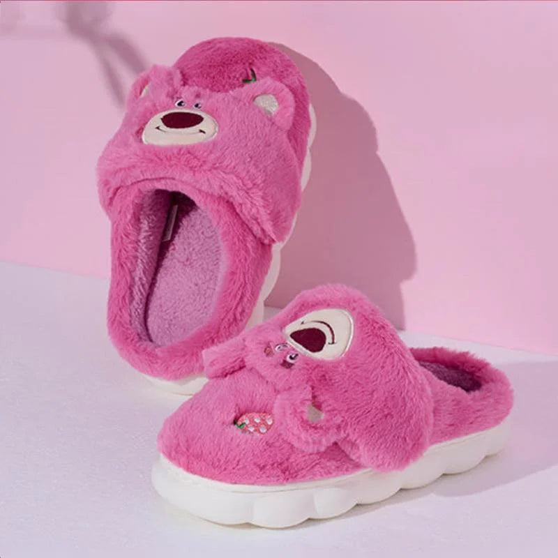 Disney Strawberry Bear Stitch Cute Plush Toy Slippers Women Autumn Winter New Warm Home Shoes Fashion Anti Slip Cotton Slippers