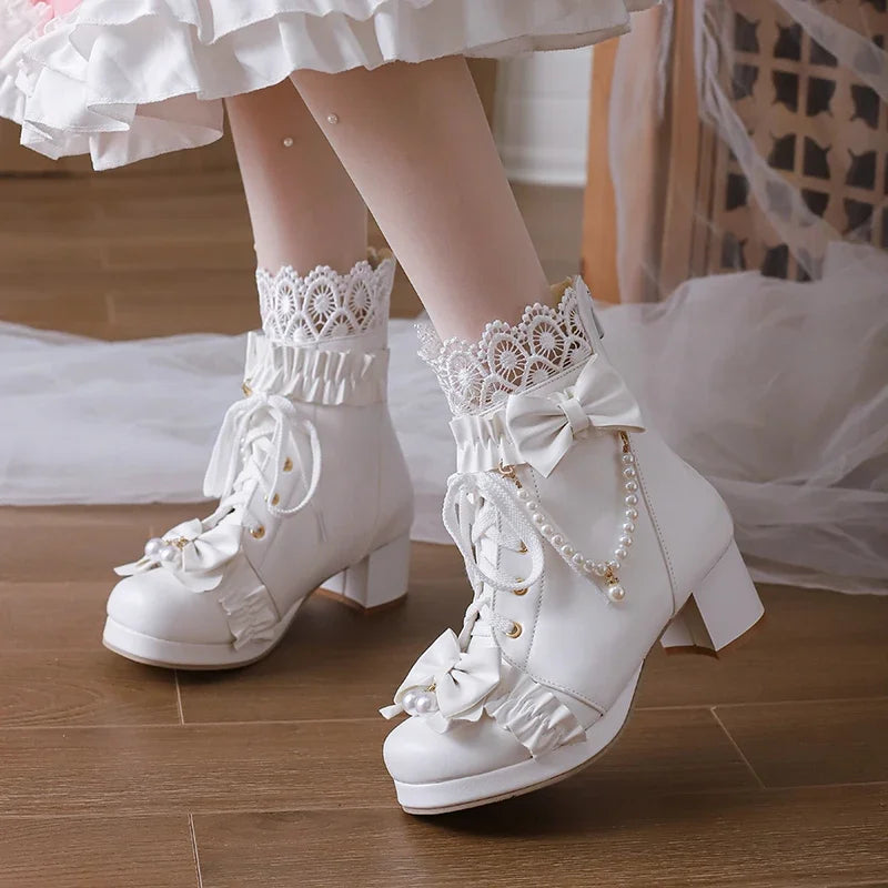 2023 new autumn winter Women ankle boots plus size 22-28CM pu upper modern boots lace Pearl Chain Bow Lolita thick heel boots
