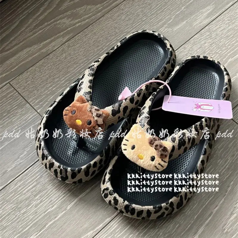 Y2K Spicy Girl Style Hello Kitty Leopard Print Flip Flops, Sanrio New Soft Sole Stepping Stool Feel Slippers, Casual Beach Shoes