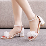 Crystal Queen White Women Flower Wedding Shoes Bride Black Thick Heels Party Fashion Open Toe Sandals Summer