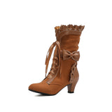 Autumn Winter Vintage Women Victorian Boots Lace Up High Heel Bootie Ruffle Trim Lolita Princess Cosplay Tea Party Costume Shoes
