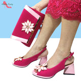 2024 New Arrivals Fashion Italian Design African Shoes and Bag to Match Comfortable Square Heels for Party in Fuchsia Color
