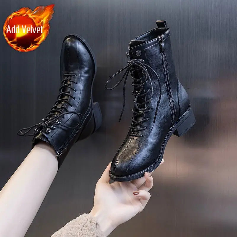 Short Shoes for Women Lace-up Footwear Elegant with Medium Heels Laces Female Ankle Boots Pointed Toe Booties Punk Style Combat