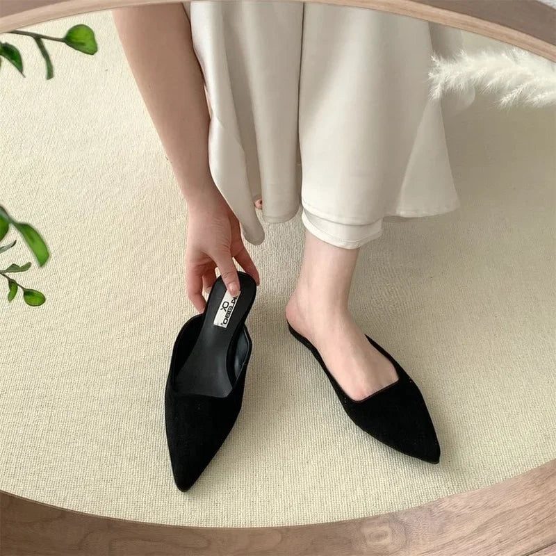 Women Slippers Pointed Toe Leopard Design Shallow Slip on Thin Low Heels Black Flock Design Casual Mules Loafers Black Outdoor