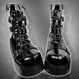 Women Punk Boots PU Leather Rivet Buckle Design Shoes Cool Retro Chunky Wedges Platform Boots Lace Up Casual Outdoor Shoes 35-40