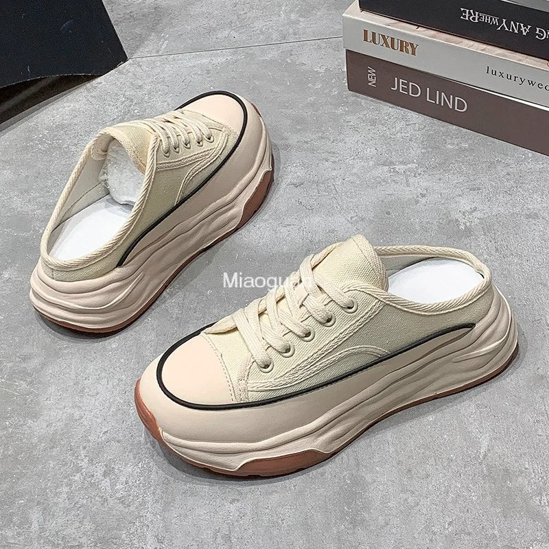Ladies Slippers 2022 Summer Baotou Half Slippers Woman's Versatile Casual Lace Up Canvas Sports Slippers Platform Shoes Outside