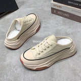 Ladies Slippers 2022 Summer Baotou Half Slippers Woman's Versatile Casual Lace Up Canvas Sports Slippers Platform Shoes Outside