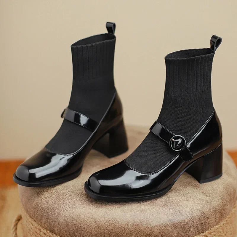 Autumn Winter Women Knit Sock Ankle Boots Fashion Slip On Square Heels Shoes Vintage Ladies Stretch Short Booties brown botas