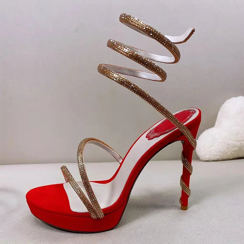 Summer Platform Sandals Woman Rhinestone Ankle Snake Twine Around Wedding Shoes Women High Heels Gladiator Sandals Women