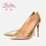 New Red Bottom Lizard Pattern Embossed Gold Pointed Shallow Mouth Fine Heel Sexy Banquet Dress High Heels Single Shoes