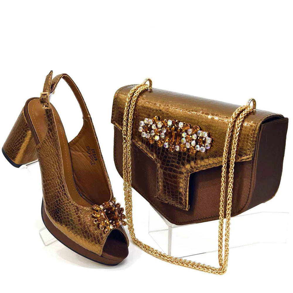 Venus Chan Gold Color Nigeria Fashion Rhinestone-encrusted Ladies Party Shoes And Special Bag High Heels Wedding Handbag