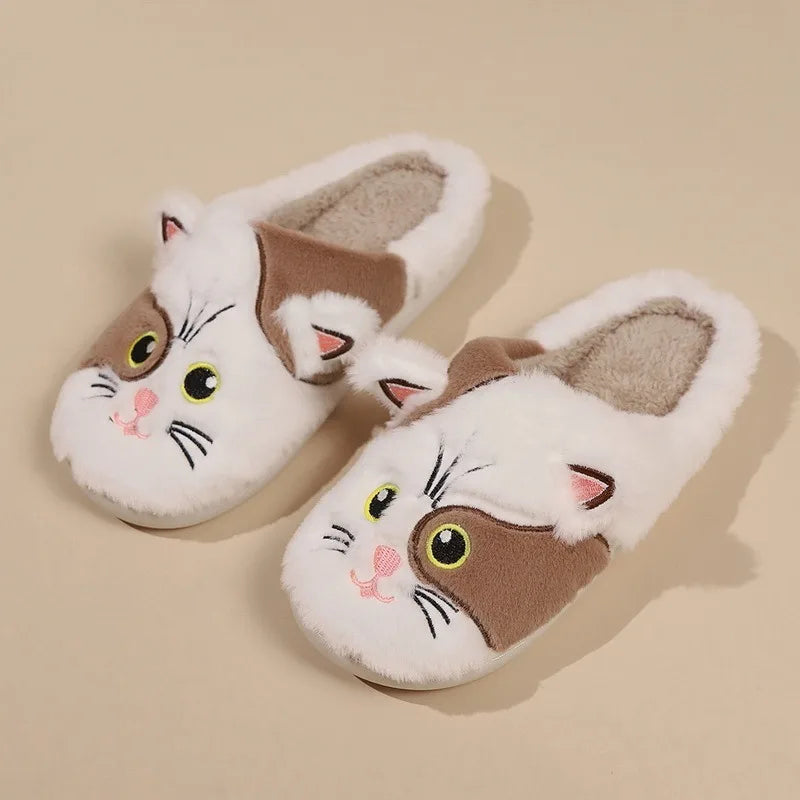 Kawaii Cartoon Cat Fuzzy Slippers - Ultra Soft Fabric Inner, Plush Flat Sole, Cozy Warmth, TPR Durable Outsole, Fabric Upper