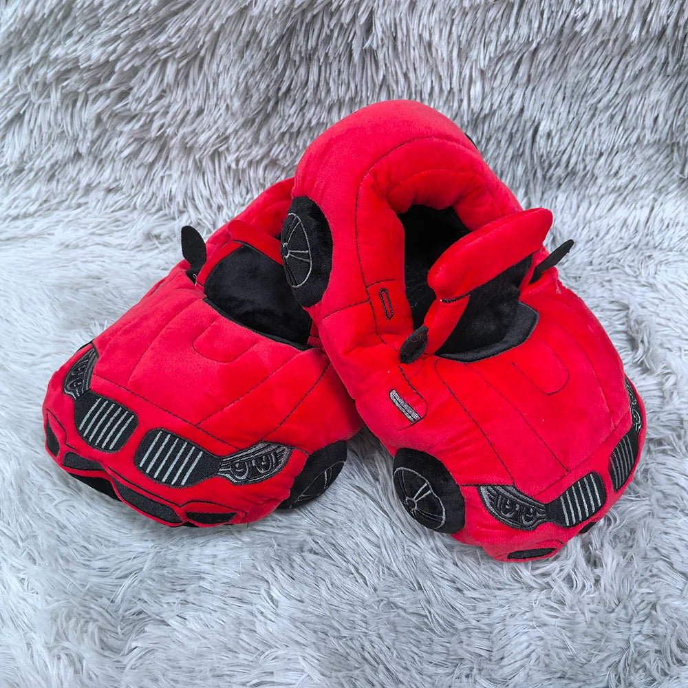 Highland Cow Car Shape Plush Shoes White CAR Racing Plush Slippers Winter Warm Soft Creative Indoor House Slipper Adults Shoe