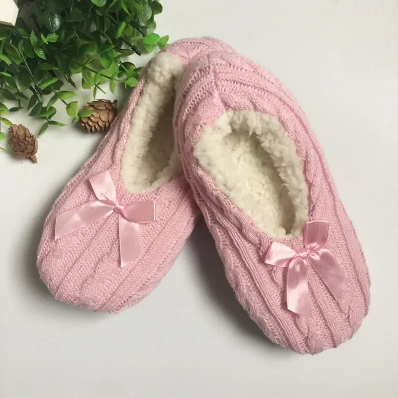 Home Slipper Womens Winter Room Plush Warm Thick Faux Fur Non Slip Bow Knot Grip Funny Indoor Fluffy Floor House Shoes Female