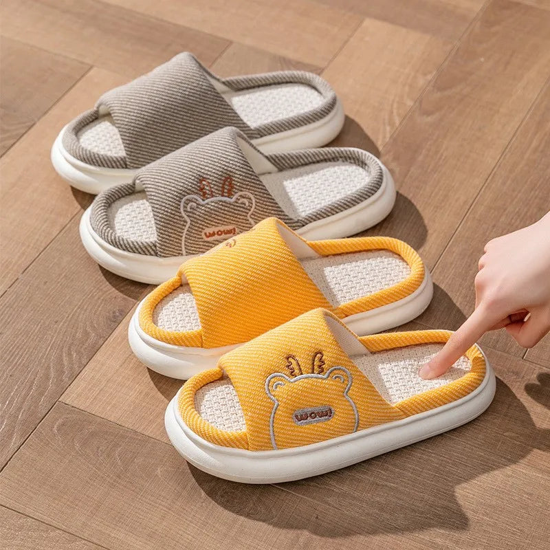 Hot Sale Women Linen Slippers Four Seasons Women Indoor Sandals Adults Cartoon Slides Couples Cute Breathable Home Shoes TG18
