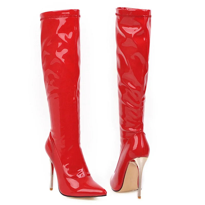 Women's Knee High Boots Winter Autumn Red White Thin Heels High Boot For Women Patent Leather Long Fetish Shoes Lady Large Size
