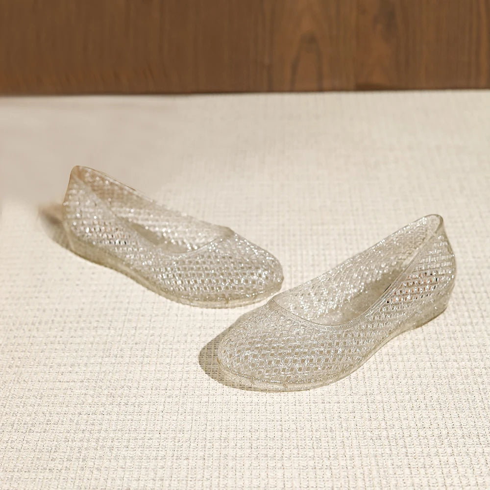 Women's New PVC Hollow Low Heel Summer Fashion Shallow Mouth Single Shoes Casual Sandals