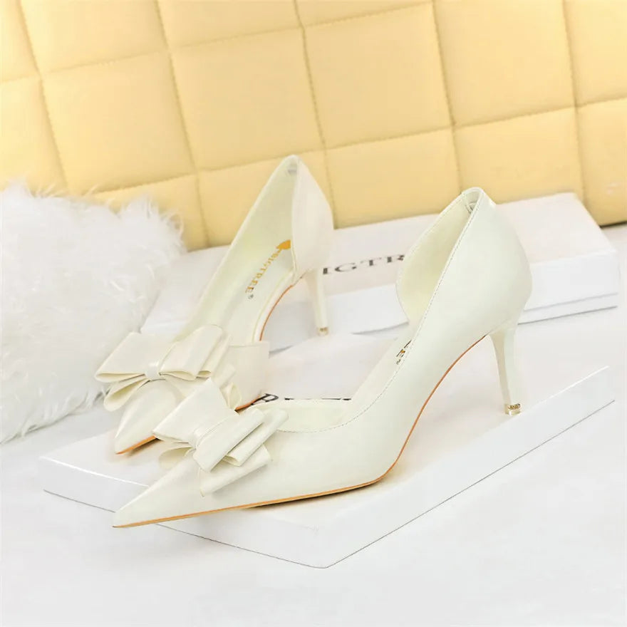 Side Hollow Soft Leather Women Pumps 7 Color Fashion Bowtie Pointed Toe High Heels Ladies Dress Wedding Shoes Woman Work Shallow