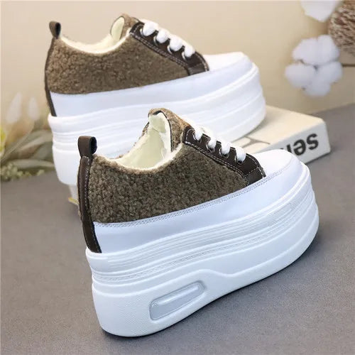 10CM 12CM Genuine Leather Casual Chunky Sneakers Plush Wedge Platform Wedge Winter Fashion Autumn Spring Women Shoes Vulcanize