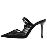 High Heels Mules Shoes for Laides Sexy Pointed Toe 2025 Summer Stilettos Black Hollow Breathable Mesh Vintage Women's Sandals