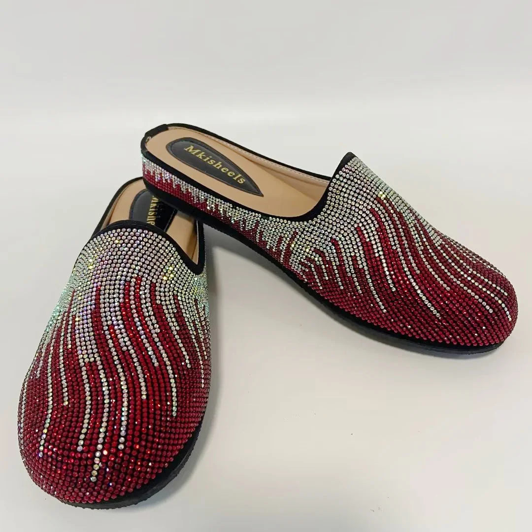 Hot Sale Multicolor Flat Heel Sequin Women's Slippers Casual Banquet Fashion Party Italian Mules Slipper Rhinestone Shoe F1013-2