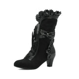 Autumn Winter Vintage Women Victorian Boots Lace Up High Heel Bootie Ruffle Trim Lolita Princess Cosplay Tea Party Costume Shoes