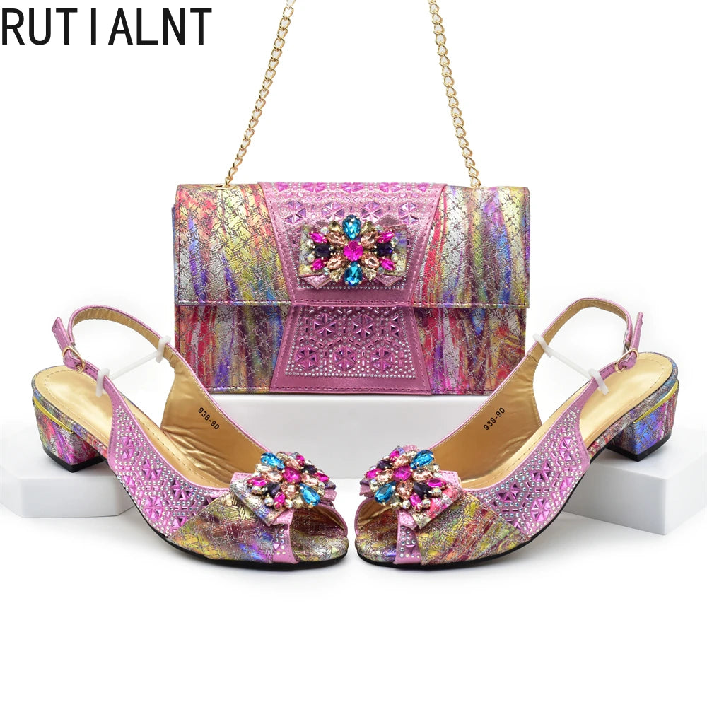 Latest Pink Shoe and Bag Set Women Italian Decorated with Rhinestone African Women Wedding Shoes Bride Plus Size Women Pumps 43