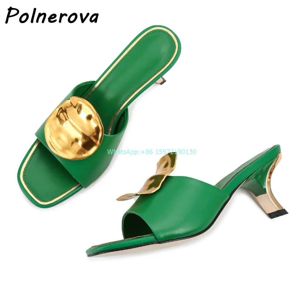 Metal Square Round Slippers Mixed Color Black Red Peep Toe Strange Style Heels Slip On Shoes Summer New Outdoor Runway Shoes