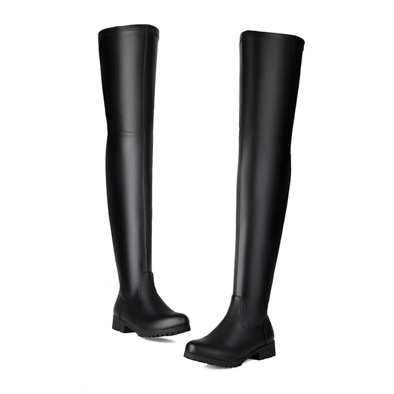 REAVE CAT Autumn Over Knee Boots 3.5cm Heel Round Toe Leather Thigh High Fashion Big Size 45 46 47 48 US17