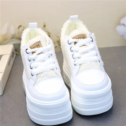 10CM 12CM Genuine Leather Casual Chunky Sneakers Plush Wedge Platform Wedge Winter Fashion Autumn Spring Women Shoes Vulcanize