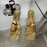 Eilyken Gold Narrow Band Women Slipper Female Square Pinch Toe Low Heel Slides Sandal Flip Flops Mujer Shoes