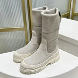 Luxury Thick Sole Motorcycle Boots Women Round Toe Flat Platform Shoes Women Cow Suede Patchwork Knit Mid Calf Boots Woman