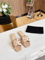 Summer Women's Slippers Genuine Leather Square Toe Open Toe Flat Bottom Fashion Party Shoes Plus Size 34-44 Outdoor Beach Shoes